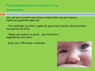 Puntos importantes a tener en cuenta a la hora
de amamantar,,,
Sea cual sea la postura que elijas es importante que practiques y
vigiles los siguientes aspectos:
- Para estimular su olfato y ganas de agarrarse al pecho, sácate primero
unas gotitas de leche.
- Déjalo que explore tu pecho , esto los anima a
engancharse ellos solos.
- Dejar que el RN mame a demanda.
 