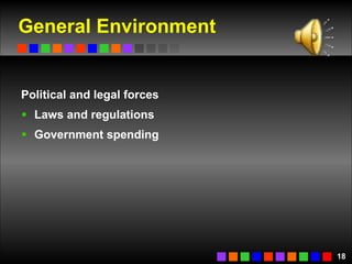 General Environment Political and legal forces Laws and regulations Government spending 