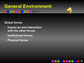 General Environment Global forces Impact on and interaction with the other forces Institutional forces Physical forces 