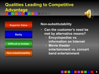 Qualities Leading to Competitive Advantage Non-substitutability Can the customer’s need be met by alternative means? Encyclopedias vs. information on Internet Movie theater entertainment vs. concert band entertainment Superior Value Rarity Difficult to Imitate Non-substitutability 