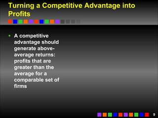 Turning a Competitive Advantage into Profits A competitive advantage should generate above-average returns: profits that are greater than the average for a comparable set of firms  