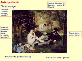 Pícnic a l’aire lliure = pastoral Interpretació Els personatges Ferdinand Leenhoff (escultor holandès)   Dona nua  (Victor...