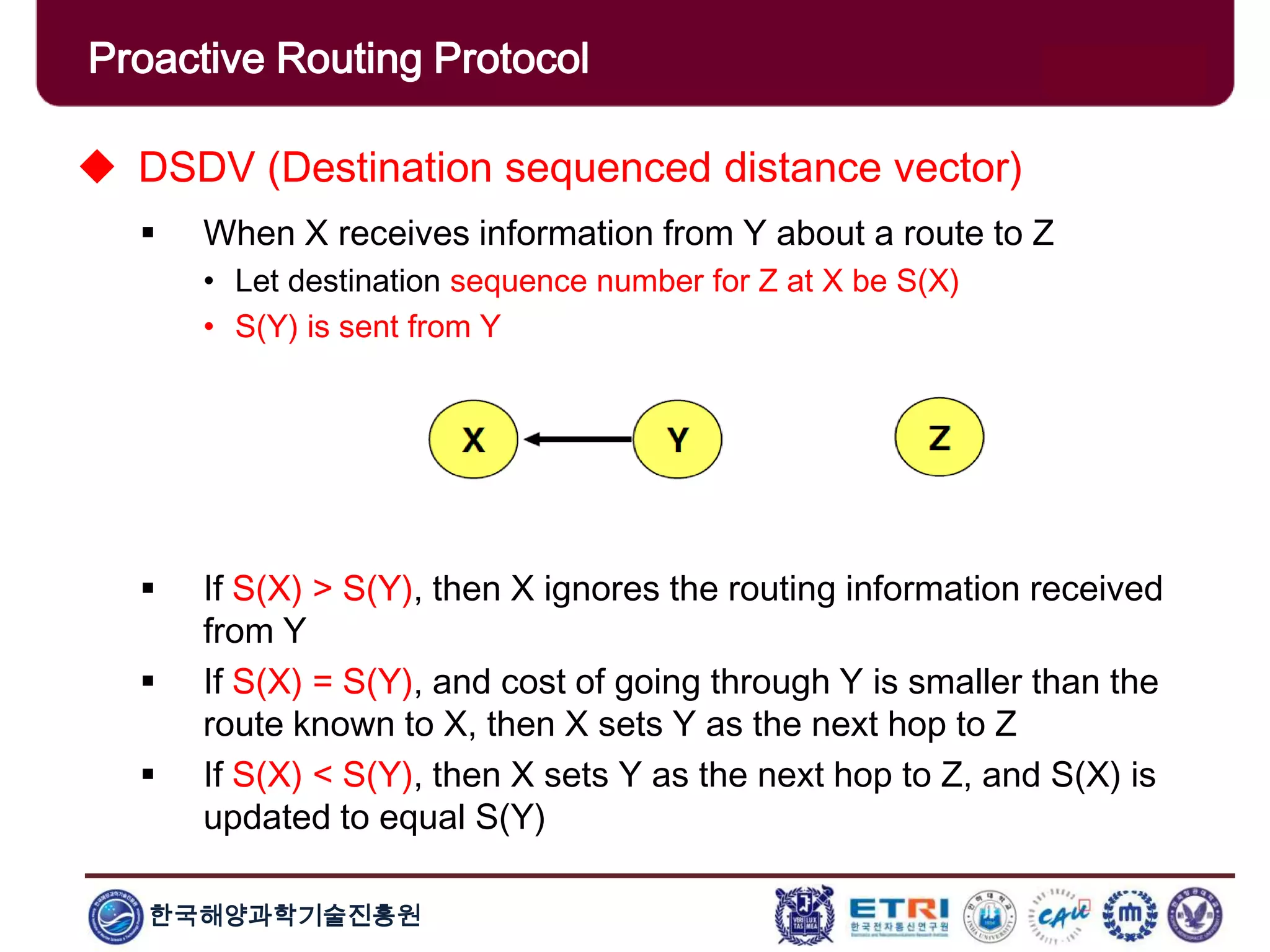 한국해양과학기술진흥원
Proactive Routing Protocol
 DSDV (Destination sequenced distance vector)
 When X receives information from Y about a route to Z
• Let destination sequence number for Z at X be S(X)
• S(Y) is sent from Y
 If S(X) > S(Y), then X ignores the routing information received
from Y
 If S(X) = S(Y), and cost of going through Y is smaller than the
route known to X, then X sets Y as the next hop to Z
 If S(X) < S(Y), then X sets Y as the next hop to Z, and S(X) is
updated to equal S(Y)
 