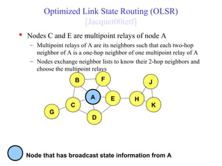 Optimized Link State Routing (OLSR)
[Jacquet00ietf]
 Nodes C and E are multipoint relays of node A
– Multipoint relays of A are its neighbors such that each two-hop
neighbor of A is a one-hop neighbor of one multipoint relay of A
– Nodes exchange neighbor lists to know their 2-hop neighbors and
choose the multipoint relays
A
B F
C
D
E H
G
K
J
Node that has broadcast state information from A
 