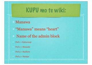 KUPU mo te wiki:
Manawa
“Manawa” means “heart”
 Name of the admin block
Pod 1 = Kahurangi

Pod 2 = Manaaki

Pod 3 = Raukura

Pod 4 = Harapa
 