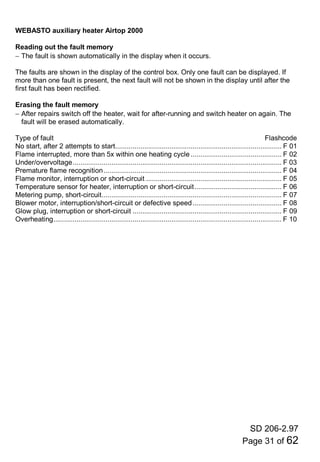 SD 206-2.97
Page 31 of 62
WEBASTO auxiliary heater Airtop 2000
Reading out the fault memory
− The fault is shown automatically in the display when it occurs.
The faults are shown in the display of the control box. Only one fault can be displayed. If
more than one fault is present, the next fault will not be shown in the display until after the
first fault has been rectified.
Erasing the fault memory
− After repairs switch off the heater, wait for after-running and switch heater on again. The
fault will be erased automatically.
Type of fault Flashcode
No start, after 2 attempts to start...................................................................................... F 01
Flame interrupted, more than 5x within one heating cycle............................................... F 02
Under/overvoltage............................................................................................................ F 03
Premature flame recognition............................................................................................ F 04
Flame monitor, interruption or short-circuit ...................................................................... F 05
Temperature sensor for heater, interruption or short-circuit............................................. F 06
Metering pump, short-circuit............................................................................................. F 07
Blower motor, interruption/short-circuit or defective speed.............................................. F 08
Glow plug, interruption or short-circuit ............................................................................. F 09
Overheating...................................................................................................................... F 10
 