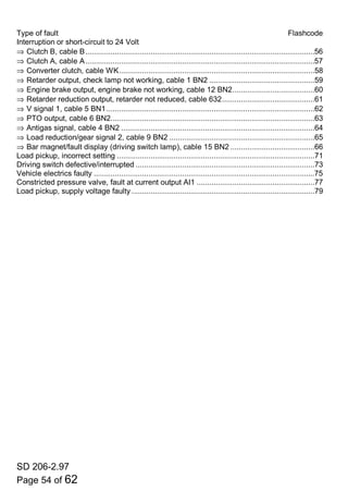 SD 206-2.97
Page 54 of 62
Type of fault Flashcode
Interruption or short-circuit to 24 Volt
⇒ Clutch B, cable B.............................................................................................................56
⇒ Clutch A, cable A.............................................................................................................57
⇒ Converter clutch, cable WK.............................................................................................58
⇒ Retarder output, check lamp not working, cable 1 BN2 ..................................................59
⇒ Engine brake output, engine brake not working, cable 12 BN2.......................................60
⇒ Retarder reduction output, retarder not reduced, cable 632............................................61
⇒ V signal 1, cable 5 BN1...................................................................................................62
⇒ PTO output, cable 6 BN2.................................................................................................63
⇒ Antigas signal, cable 4 BN2 ............................................................................................64
⇒ Load reduction/gear signal 2, cable 9 BN2 .....................................................................65
⇒ Bar magnet/fault display (driving switch lamp), cable 15 BN2 ........................................66
Load pickup, incorrect setting ..............................................................................................71
Driving switch defective/interrupted .....................................................................................73
Vehicle electrics faulty .........................................................................................................75
Constricted pressure valve, fault at current output AI1 ........................................................77
Load pickup, supply voltage faulty .......................................................................................79
 