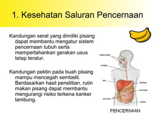 1. Kesehatan Saluran Pencernaan
Kandungan serat yang dimiliki pisang
dapat membantu mengatur sistem
pencernaan tubuh serta
mempertahankan gerakan usus
tetap teratur.
Kandungan pektin pada buah pisang
mampu mencegah sembelit.
Berdasarkan hasil penelitian, rutin
makan pisang dapat membantu
mengurangi risiko terkena kanker
lambung.
 