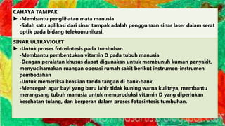 CAHAYA TAMPAK
 -Membantu penglihatan mata manusia
-Salah satu aplikasi dari sinar tampak adalah penggunaan sinar laser dalam serat
optik pada bidang telekomunikasi.
SINAR ULTRAVIOLET
 -Untuk proses fotosintesis pada tumbuhan
-Membantu pembentukan vitamin D pada tubuh manusia
-Dengan peralatan khusus dapat digunakan untuk membunuh kuman penyakit,
menyucihamakan ruangan operasi rumah sakit berikut instrumen-instrumen
pembedahan
-Untuk memeriksa keaslian tanda tangan di bank-bank.
-Mencegah agar bayi yang baru lahir tidak kuning warna kulitnya, membantu
merangsang tubuh manusia untuk memproduksi vitamin D yang diperlukan
kesehatan tulang, dan berperan dalam proses fotosintesis tumbuhan.
 
