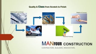 MANFOUR CONSTRUCTION
CONTRACTORS. BUILDERS. INNOVATORS.
Well thought-out Design
Client Involvement
Strength in Structure
Exquisite Finishing
Delight at Turnover
 