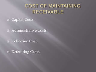  Capital Costs.
 Administrative Costs.
 Collection Cost.
 Defaulting Costs.
 