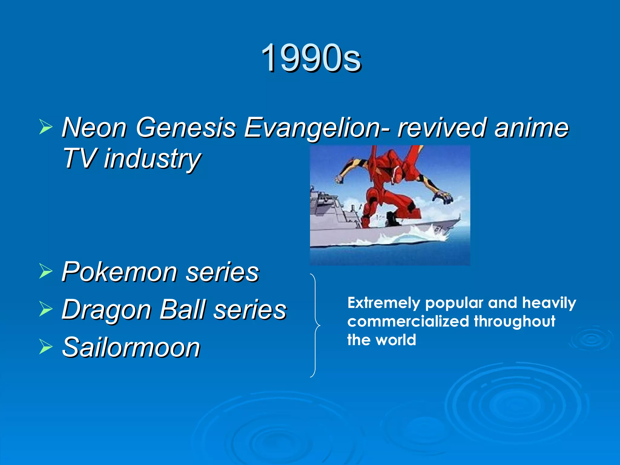 1990s Neon Genesis Evangelion- revived anime TV industry Pokemon series Dragon Ball series Sailormoon Extremely popular and heavily commercialized throughout the world 