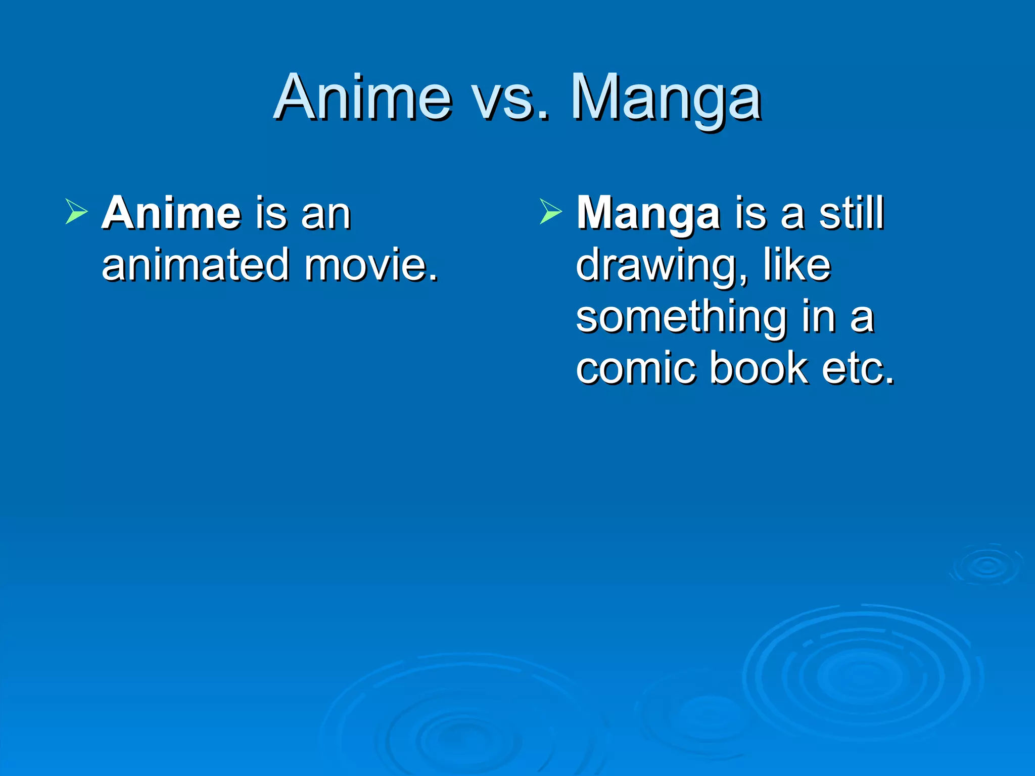 Anime vs. Manga Anime  is an animated movie. Manga  is a still drawing, like something in a comic book etc. 