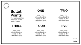 Bullet
Points
ONE
You can describe
the topic of the
section here
You can
describe the
topic of the
section here
TWO
You can
describe the
topic of the
section here
FOUR
You can
describe the
topic of the
section here
FIVE
You can
describe the
topic of the
section here
THREE
You can
describe the
topic of the
section here
 