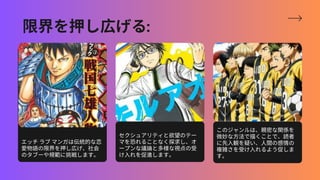 It serves a variety of purposes,
making presentations powerful
tools for convincing and teaching.
エッチラブマンガは伝統的な恋
愛物語の限界を押し広げ、社会
のタブーや規範に挑戦します。
セクシュアリティと欲望のテー
マを恐れることなく探求し、オ
ープンな議論と多様な視点の受
け入れを促進します。
このジャンルは、親密な関係を
微妙な方法で描くことで、読者
に先入観を疑い、人間の感情の
複雑さを受け入れるよう促しま
す。
限界を押し広げる:
 