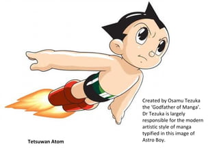 Tetsuwan Atom

Created by Osamu Tezuka
the ‘Godfather of Manga’.
Dr Tezuka is largely
responsible for the modern
artistic style of manga
typified in this image of
Astro Boy.

 
