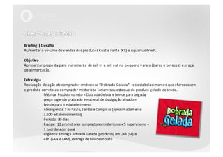 COCA-COLA FEMSABriefing | DesafioAumentar o volume de vendas dos produtos Kuat e Fanta (KS) e AquariusFresh.Objetivo Apresentar proposta para incremento de sell in e sell out no pequeno varejo (bares e botecos) e praça de alimentação.EstratégiaRealização de ação de comprador misterioso “Dobrada Gelada” - os estabelecimentos que oferecessem o produto correto ao comprador misterioso teriam seu estoque de produto gelado dobrado. 	Métrica: Produto correto = Dobrada Gelada e brinde para brigada,	preço sugerido praticado e material de divulgação ativado =	brinde para o estabelecimento	Abrangência: São Paulo, Santos e Campinas (aproximadamente	1.500 estabelecimentos)	Período: 30 dias	Equipe:  12 promotores compradores misteriosos + 5 supervisores +	1 coordenador geral	Logística: Entrega Dobrada Gelada (produtos) em 24h (SP) e	48h (SAN e CAM), entrega de brindes no ato