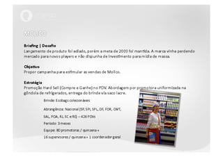 MOLICOBriefing | DesafioLançamento de produto foi adiado, porém a meta de 2009 foi mantida. A marca vinha perdendo mercado para novos players e não dispunha de investimento para mídia de massa.Objetivo Propor campanha para estimular as vendas de Molico.EstratégiaPromoção HardSell (Compre e Ganhe) no PDV. Abordagem por promotora uniformizada na gôndola de refrigerados, entrega do brinde via saco lacre.Brinde: Ecobags colecionáveisAbrangência: Nacional (SP, SPI, SPL, DF, FOR, CWT,	SAL, POA, RJ, SC e RE) – 426 PDVs	Período: 3 meses	Equipe: 80 promotoras / quinzena +	16 supervisores / quinzena + 1 coordenador geral
