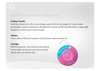 SANPRO | Carefree Teen e Sempre LivreBriefing | DesafioCarefree e Sempre Livre são marcas antigas, quase sinônimos de categoria. Possuem baixa penetração no público adolescente. Ativação das 2 marcas no PDV traz dificuldade de negociação do gestor (o mesmo para as duas marcas).Objetivo Propor ação no PDV para impactar o público jovem, apelo educacional.EstratégiaMPDV Educacional - Selo da Rotina: Para dias demenstruação use Sempre Livre, para os demaisdias do mês, use Carefree Teen.