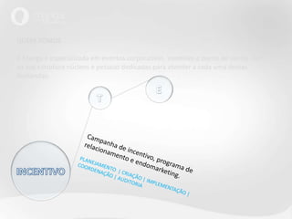 QUEM SOMOSA Manga é especializada em eventos corporativos, incentivo e ponto de venda. Tem na sua estrutura núcleos e pessoas dedicadas para atender a cada uma dessas demandas.ETCampanha de incentivo, programa de relacionamento e endomarketing.PLANEJAMENTO  | CRIAÇÃO | IMPLEMENTAÇÃO | COORDENAÇÃO | AUDITORIAINCENTIVO