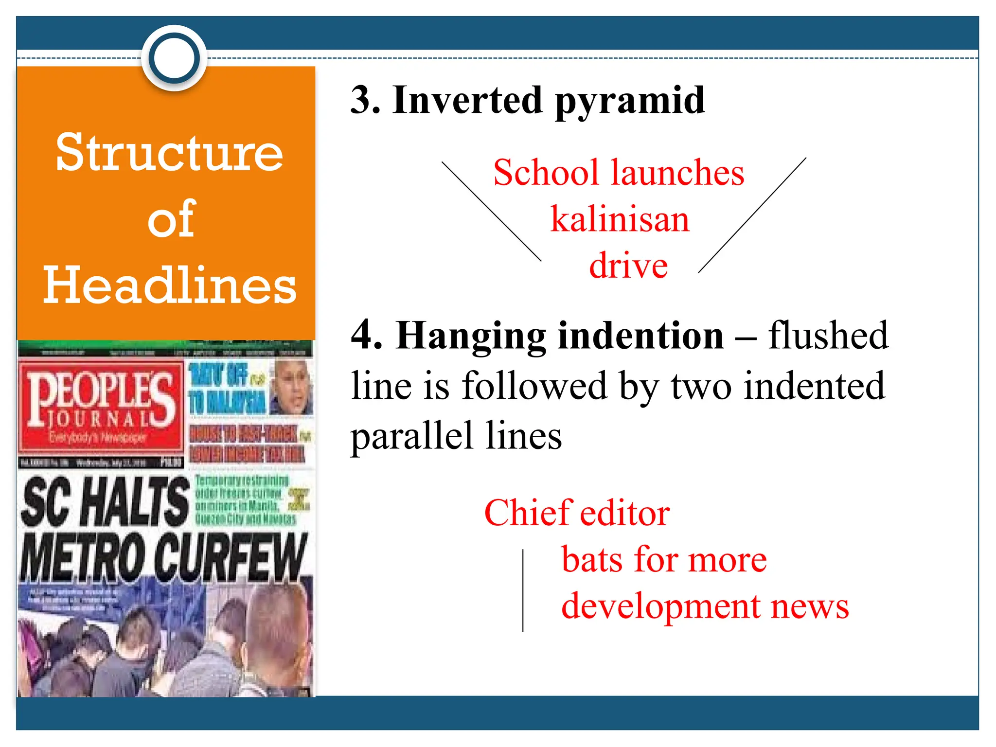 Structure
of
Headlines
3. Inverted pyramid
4. Hanging indention – flushed
line is followed by two indented
parallel lines
School launches
kalinisan
drive
Chief editor
bats for more
development news
 