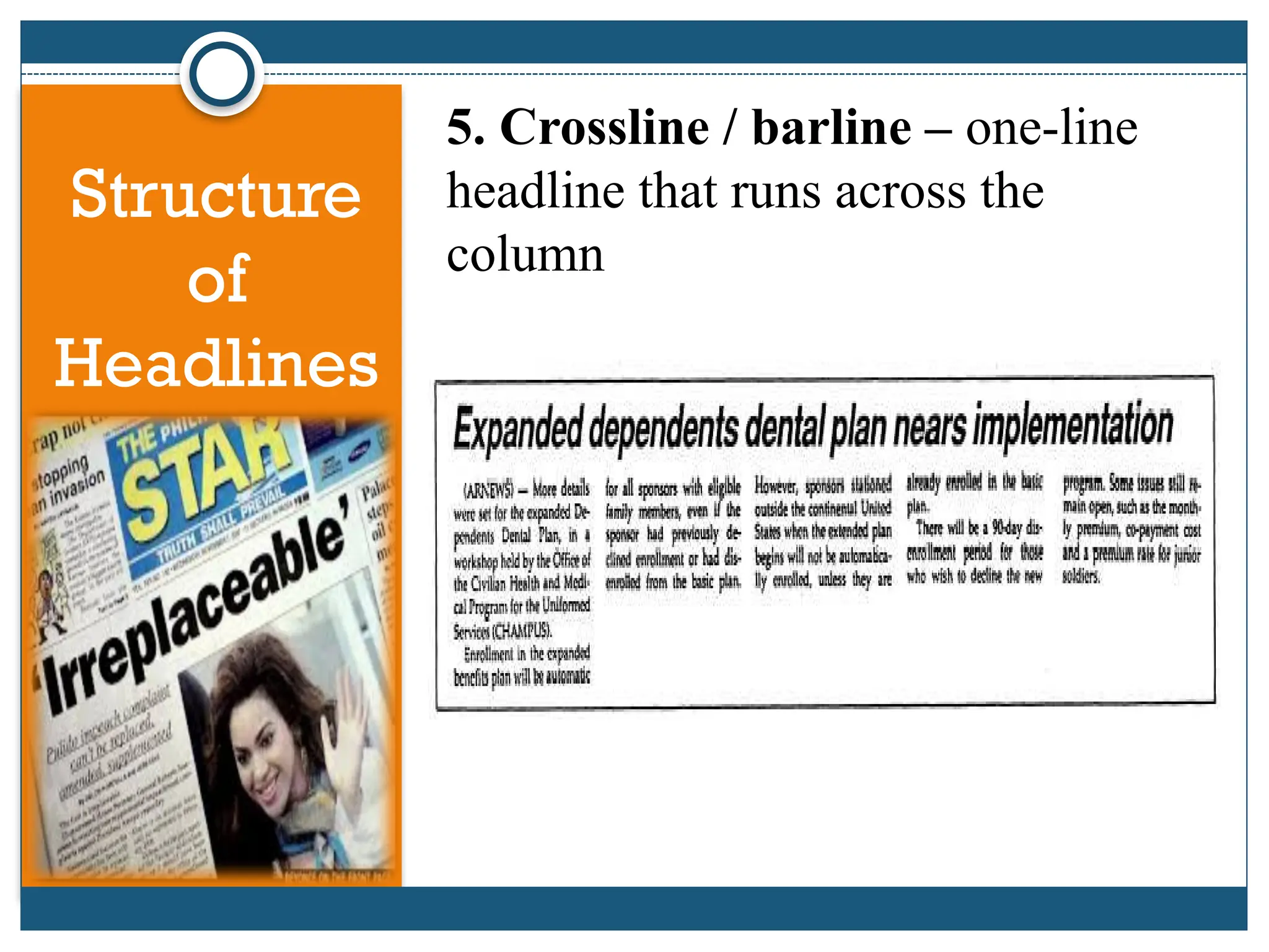 Structure
of
Headlines
5. Crossline / barline – one-line
headline that runs across the
column
 