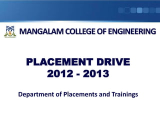 MANGALAM COLLEGE OF ENGINEERING


  PLACEMENT DRIVE
     2012 - 2013
Department of Placements and Trainings
 