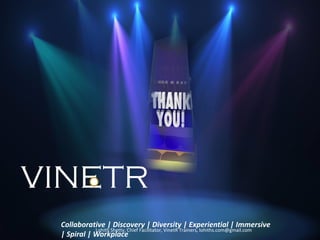 VINETR
Collaborative | Discovery | Diversity | Experiential | Immersive
| Spiral | Workplace
Lohith Shetty, Chief Facilitator, VinetR Trainers, lohiths.com@gmail.com
 