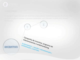 QUEM SOMOSA Manga é especializada em eventos corporativos, incentivo e ponto de venda. Tem na sua estrutura núcleos e pessoas dedicadas para atender a cada uma dessas demandas.ETCampanha de incentivo, programa de relacionamento e endomarketing.PLANEJAMENTO  | CRIAÇÃO | IMPLEMENTAÇÃO | COORDENAÇÃO | AUDITORIAINCENTIVO