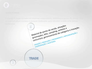 QUEM SOMOSA Manga é especializada em eventos corporativos, incentivo e ponto de venda. Tem na sua estrutura núcleos e pessoas dedicadas para atender a cada uma dessas demandas.EMaterial de ponto de venda, ativações(promoções, blitz, sampling, sorteios e concursos), gerenciamento de categoria e inovação. CRIAÇÃO | PRODUÇÃO | TREINAMENTO | IMPLEMENTAÇÃO | COORDENAÇÃO | AUDITORIATRADEI