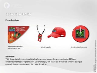 COCA-COLA FEMSAPeças CriativasResultado76% dos estabelecimentos visitados foram premiados, foram revisitados 47% dos estabelecimentos não premiados (2ª chance) e, em razão da mecânica  (dobrar estoque gelado), houve um aumento de 130% do sell in.IMPORTANTE : As informações divulgadas neste projeto são confidenciais.adesivo para geladeira balcão interior barbrinde brigadabrinde estabelecimento