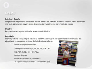 MOLICOBriefing | DesafioLançamento de produto foi adiado, porém a meta de 2009 foi mantida. A marca vinha perdendo mercado para novos players e não dispunha de investimento para mídia de massa.Objetivo Propor campanha para estimular as vendas de Molico.EstratégiaPromoção HardSell (Compre e Ganhe) no PDV. Abordagem por promotora uniformizada na gôndola de refrigerados, entrega do brinde via saco lacre.Brinde: Ecobags colecionáveisAbrangência: Nacional (SP, SPI, SPL, DF, FOR, CWT,	SAL, POA, RJ, SC e RE) – 426 PDVs	Período: 3 meses	Equipe: 80 promotoras / quinzena +	16 supervisores / quinzena + 1 coordenador geral