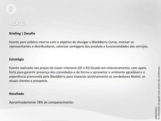 NEXTELBriefing | DesafioEvento para público interno com o objetivo de divulgar o BlackBerry Curve, motivar os representantes e distribuidores, valorizar vantagens dos produto e funcionalidades dos serviços.EstratégiaEvento realizado nas praças de maior interesse (SP e RJ) focado em relacionamento, com apelo forte para garantir presença dos convidados e de forma a aproveitar o ambiente agradável e a experiência promovida pela BlackBerry para impactar positivamente os vendedores Nextel, os atuais clientes e prospects. ResultadoAproximadamente 78% de comparecimento.IMPORTANTE : As informações divulgadas neste projeto são confidenciais.