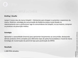 GALDERMA NESTLÉ & L´OREALBriefing | DesafioLançar 4 novos skus da marca Cetaphil – hidratantes para shopper e aumentar o awareness da marca. Histórico: estratégia de comunicação da Galderma esteve muito focada no relacionamento com o profissional, logo os consumidores de Cetaphil, na sua maioria, compram os produtos via prescrição médica. EstratégiaAproveitar a sazonalidade (inverno) para apresentar lançamentos ao consumidor, destacando demais produtos (linha completa para diferentes tipos de peles/necessidades) e mood da marca. Estratégia de clusterização do painel de lojas para positivação do MPDV. Resultado1.300 PDVs ativados.IMPORTANTE : As informações divulgadas neste projeto são confidenciais.