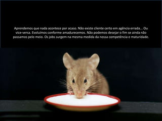 Aprendemos que nada acontece por acaso. Não existe cliente certo em agência errada... Ou vice-versa. Evoluímos conforme amadurecemos. Não podemos desejar o fim se ainda não passamos pelo meio. Os jobs surgem na mesma medida da nossa competência e maturidade.