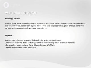 WHIRLPOOL | BRASTEMPBriefing | DesafioGanhar share na categoria lava-louças, aumentar prioridade na lista de compra de eletrodoméstico dos consumidores, acabar com alguns mitos sobre lava-louças (eficácia, gasto energia, condições de uso), estimular equipe de vendas e promotores. ObjetivoCom foco em algumas revendas do Brasil, criar ações personalizadas: . Alavancar o volume de na Fast Shop, torná-lo benchmark para as revendas menores;. Desenvolver a categoria no Canal AS com foco no WalMart;. Maior relevância no canal Ponto Frio.