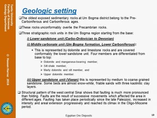 Geologic setting
The oldest exposed sedimentary rocks at Um Bogma district belong to the Pre-
Carboniferous and Carboniferous ages.
These rocks unconformably overlie the Precambrian rocks.
Three stratigraphic rock units in the Um Bogma region starting from the base:
i) Lower sandstone unit (Carbo-Ordovician to Devonian)
ii) Middle carbonate unit (Um Bogma formation, Lower Carboniferous):
 This is represented by dolomite and limestone rocks and are covered
conformably the lower sandstone unit. Four members are differentiated from
base to top:
 Dolomite and manganese-bearing member,
 Silt-shale member,
 Marly dolomite and silt member, and
 Upper dolomite member.
iii) Upper sandstone unit (Visean) this is represented by medium to coarse grained
sandstone. Some beds are almost snow-white, friable sands with three kaolinitic clay
layers.
 Structural pattern of the west central Sinai shows that faulting is much more pronounced
than folding. Faults are the result of successive movements which affected the area in
different ages. Faulting has taken place periodically since the late Paleozoic, increased in
intensity and areal extension progressively and reached its climax in the Oligo-Miocene
period.
13
 
