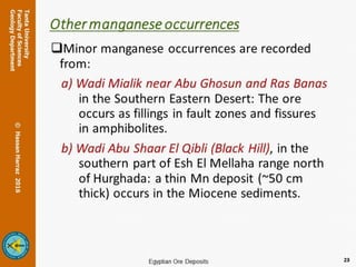 Other manganese occurrences
Minor manganese occurrences are recorded
from:
a) Wadi Mialik near Abu Ghosun and Ras Banas
in the Southern Eastern Desert: The ore
occurs as fillings in fault zones and fissures
in amphibolites.
b) Wadi Abu Shaar El Qibli (Black Hill), in the
southern part of Esh El Mellaha range north
of Hurghada: a thin Mn deposit (~50 cm
thick) occurs in the Miocene sediments.
23
 