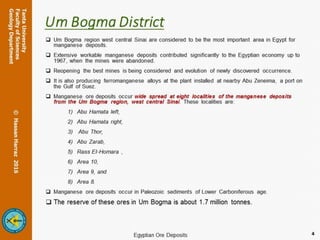 Um Bogma District
 Um Bogma region west central Sinai are considered to be the most important area in Egypt for
manganese deposits.
 Extensive workable manganese deposits contributed significantly to the Egyptian economy up to
1967, when the mines were abandoned.
 Reopening the best mines is being considered and evolution of newly discovered occurrence.
 It is also producing ferromanganese alloys at the plant installed at nearby Abu Zeneima, a port on
the Gulf of Suez.
 Manganese ore deposits occur wide spread at eight localities of the manganese deposits from
the Um Bogma region, west central Sinai. These localities are:
1) Abu Hamata left,
2) Abu Hamata right,
3) Abu Thor,
4) Abu Zarab,
5) Rass EI-Homara ,
6) Area 10,
7) Area 9, and
8) Area 8.
 Manganese ore deposits occur in Paleozoic sediments of Lower Carboniferous age.
 The reserve of these ores in Um Bogma is about 1.7 million tonnes.
4
 