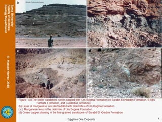 Figure: (a) The lower sandstone series capped with Um Bogma Formation (A Sarabit El-Khadim Formation, B Abu
Hamata Formation, and C Adedia Formation).
(b) Layer of manganese ore interbedded with dolomites of Um Bogma Formation.
( c ) Manganese lens in the dolomite of Um Bogma Formation.
(d) Green copper staining in the fine-grained sandstone of Sarabit El-Khadim Formation
7
 