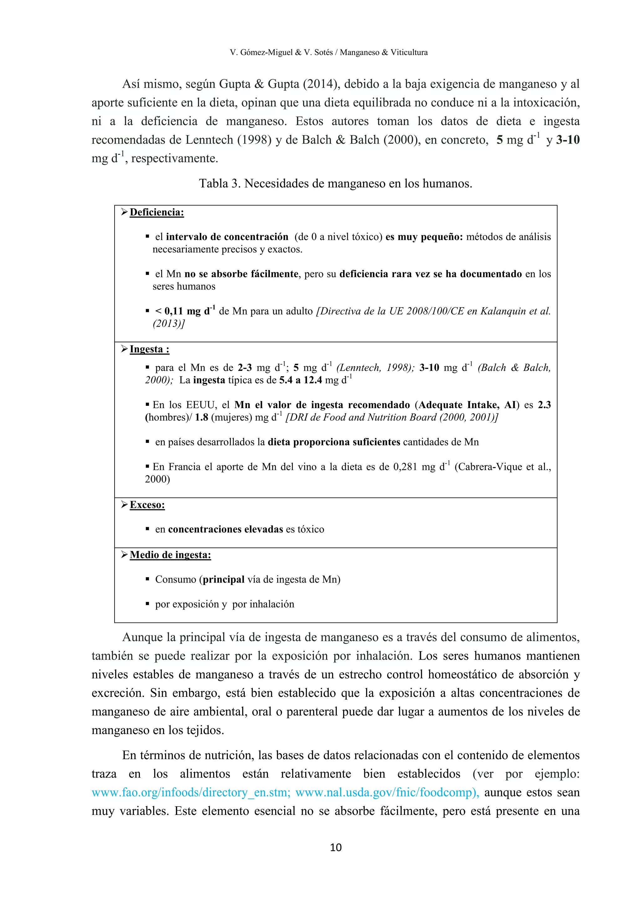 V. Gómez-Miguel & V. Sotés / Manganeso & Viticultura
10
Así mismo, según Gupta & Gupta (2014), debido a la baja exigencia de manganeso y al
aporte suficiente en la dieta, opinan que una dieta equilibrada no conduce ni a la intoxicación,
ni a la deficiencia de manganeso. Estos autores toman los datos de dieta e ingesta
recomendadas de Lenntech (1998) y de Balch & Balch (2000), en concreto, 5 mg d-1
y 3-10
mg d-1
, respectivamente.
Tabla 3. Necesidades de manganeso en los humanos.
Deficiencia:
 el intervalo de concentración (de 0 a nivel tóxico) es muy pequeño: métodos de análisis
necesariamente precisos y exactos.
 el Mn no se absorbe fácilmente, pero su deficiencia rara vez se ha documentado en los
seres humanos
 < 0,11 mg d-1
de Mn para un adulto [Directiva de la UE 2008/100/CE en Kalanquin et al.
(2013)]

 para el Mn es de 2-3 mg d-1
; 5 mg d-1
(Lenntech, 1998); 3-10 mg d-1
(Balch & Balch,
2000); La ingesta típica es de 5.4 a 12.4 mg d-1
Ingesta :
 En los EEUU, el Mn el valor de ingesta recomendado (Adequate Intake, AI) es 2.3
(hombres)/ 1.8 (mujeres) mg d-1
[DRI de Food and Nutrition Board (2000, 2001)]
 en países desarrollados la dieta proporciona suficientes cantidades de Mn
 En Francia el aporte de Mn del vino a la dieta es de 0,281 mg d-1
(Cabrera-Vique et al.,
2000)
Exceso:
 en concentraciones elevadas es tóxico
Medio de ingesta:
 Consumo (principal vía de ingesta de Mn)
 por exposición y por inhalación
Aunque la principal vía de ingesta de manganeso es a través del consumo de alimentos,
también se puede realizar por la exposición por inhalación. Los seres humanos mantienen
niveles estables de manganeso a través de un estrecho control homeostático de absorción y
excreción. Sin embargo, está bien establecido que la exposición a altas concentraciones de
manganeso de aire ambiental, oral o parenteral puede dar lugar a aumentos de los niveles de
manganeso en los tejidos.
En términos de nutrición, las bases de datos relacionadas con el contenido de elementos
traza en los alimentos están relativamente bien establecidos (ver por ejemplo:
www.fao.org/infoods/directory_en.stm; www.nal.usda.gov/fnic/foodcomp), aunque estos sean
muy variables. Este elemento esencial no se absorbe fácilmente, pero está presente en una
 