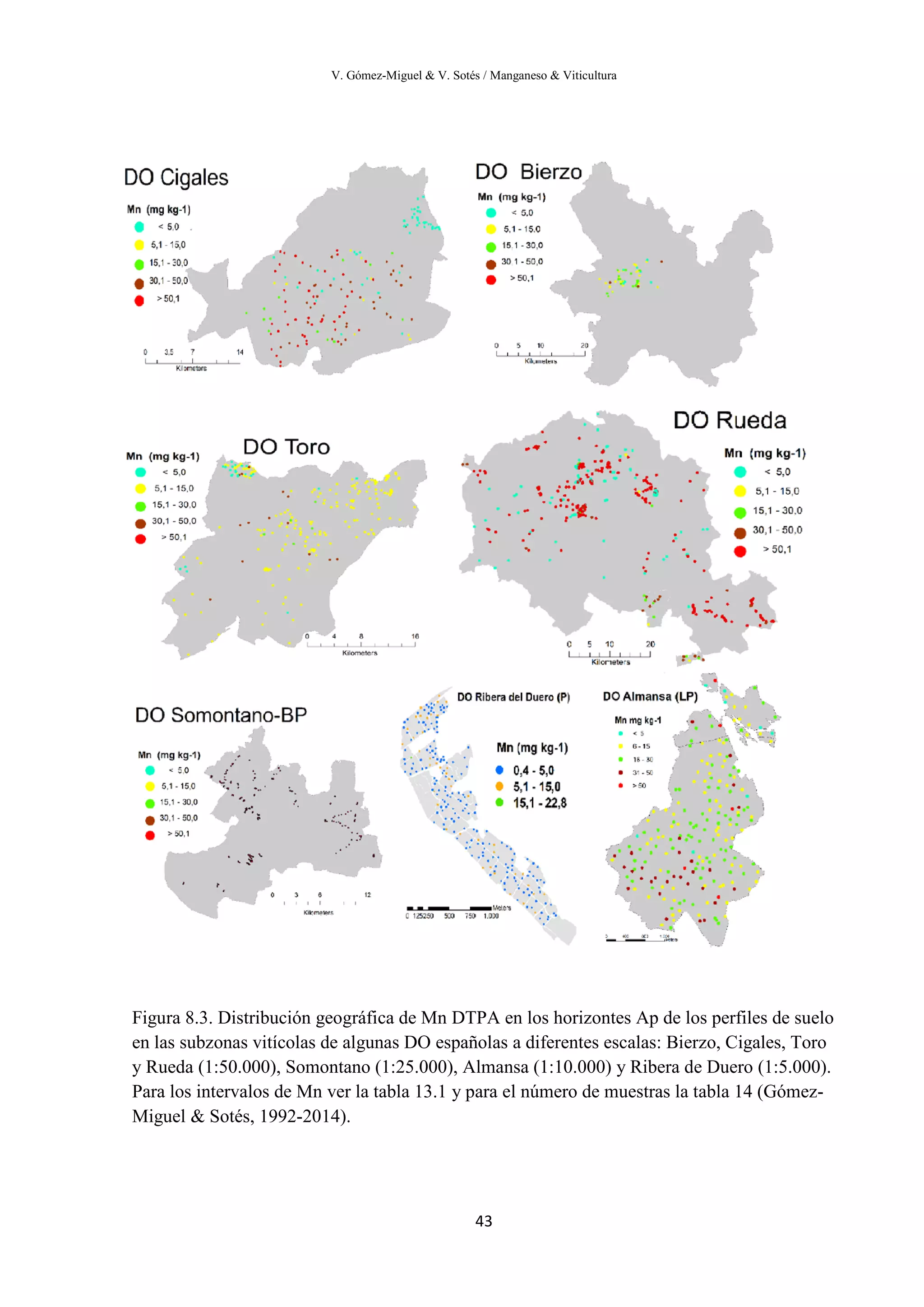 V. Gómez-Miguel & V. Sotés / Manganeso & Viticultura
43
Figura 8.3. Distribución geográfica de Mn DTPA en los horizontes Ap de los perfiles de suelo
en las subzonas vitícolas de algunas DO españolas a diferentes escalas: Bierzo, Cigales, Toro
y Rueda (1:50.000), Somontano (1:25.000), Almansa (1:10.000) y Ribera de Duero (1:5.000).
Para los intervalos de Mn ver la tabla 13.1 y para el número de muestras la tabla 14 (Gómez-
Miguel & Sotés, 1992-2014).
 