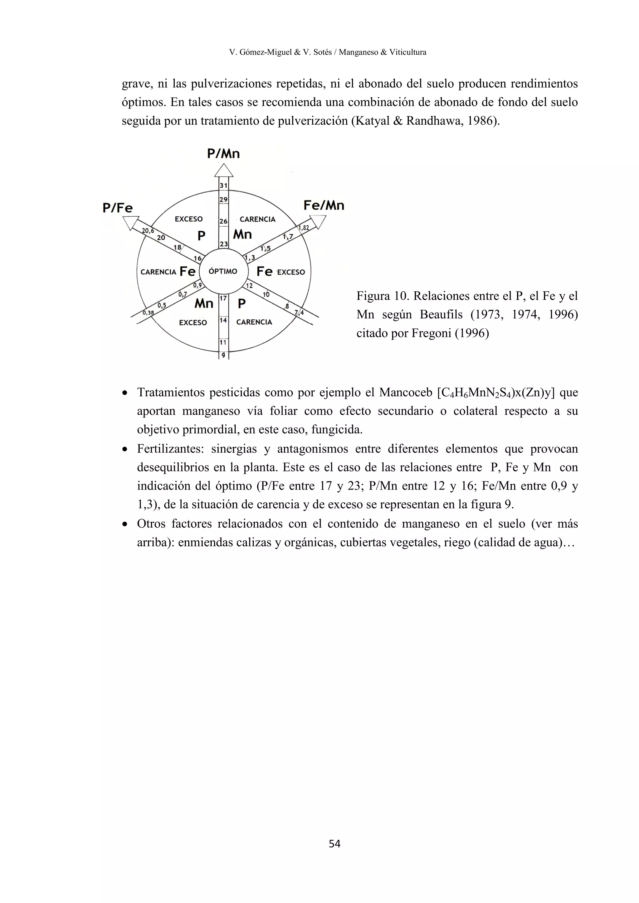 V. Gómez-Miguel & V. Sotés / Manganeso & Viticultura
54
grave, ni las pulverizaciones repetidas, ni el abonado del suelo producen rendimientos
óptimos. En tales casos se recomienda una combinación de abonado de fondo del suelo
seguida por un tratamiento de pulverización (Katyal & Randhawa, 1986).
Figura 10. Relaciones entre el P, el Fe y el
Mn según Beaufils (1973, 1974, 1996)
citado por Fregoni (1996)
• Tratamientos pesticidas como por ejemplo el Mancoceb [C4H6MnN2S4)x(Zn)y] que
aportan manganeso vía foliar como efecto secundario o colateral respecto a su
objetivo primordial, en este caso, fungicida.
• Fertilizantes: sinergias y antagonismos entre diferentes elementos que provocan
desequilibrios en la planta. Este es el caso de las relaciones entre P, Fe y Mn con
indicación del óptimo (P/Fe entre 17 y 23; P/Mn entre 12 y 16; Fe/Mn entre 0,9 y
1,3), de la situación de carencia y de exceso se representan en la figura 9.
• Otros factores relacionados con el contenido de manganeso en el suelo (ver más
arriba): enmiendas calizas y orgánicas, cubiertas vegetales, riego (calidad de agua)…
 