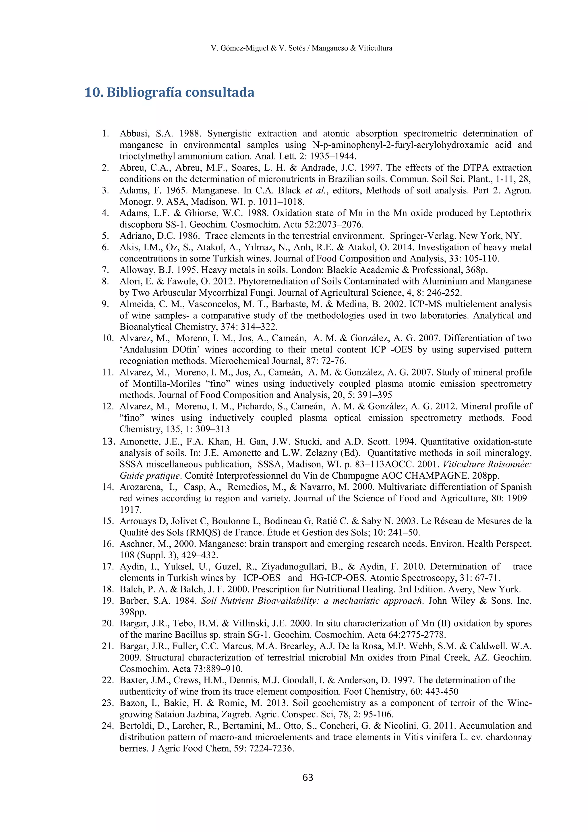V. Gómez-Miguel & V. Sotés / Manganeso & Viticultura
63
10. Bibliografía consultada
1. Abbasi, S.A. 1988. Synergistic extraction and atomic absorption spectrometric determination of
manganese in environmental samples using N-p-aminophenyl-2-furyl-acrylohydroxamic acid and
trioctylmethyl ammonium cation. Anal. Lett. 2: 1935–1944.
2. Abreu, C.A., Abreu, M.F., Soares, L. H. & Andrade, J.C. 1997. The effects of the DTPA extraction
conditions on the determination of micronutrients in Brazilian soils. Commun. Soil Sci. Plant., 1-11, 28,
3. Adams, F. 1965. Manganese. In C.A. Black et al., editors, Methods of soil analysis. Part 2. Agron.
Monogr. 9. ASA, Madison, WI. p. 1011–1018.
4. Adams, L.F. & Ghiorse, W.C. 1988. Oxidation state of Mn in the Mn oxide produced by Leptothrix
discophora SS-1. Geochim. Cosmochim. Acta 52:2073–2076.
5. Adriano, D.C. 1986. Trace elements in the terrestrial environment. Springer-Verlag. New York, NY.
6. Akis, I.M., Oz, S., Atakol, A., Yılmaz, N., Anlı, R.E. & Atakol, O. 2014. Investigation of heavy metal
concentrations in some Turkish wines. Journal of Food Composition and Analysis, 33: 105-110.
7. Alloway, B.J. 1995. Heavy metals in soils. London: Blackie Academic & Professional, 368p.
8. Alori, E. & Fawole, O. 2012. Phytoremediation of Soils Contaminated with Aluminium and Manganese
by Two Arbuscular Mycorrhizal Fungi. Journal of Agricultural Science, 4, 8: 246-252.
9. Almeida, C. M., Vasconcelos, M. T., Barbaste, M. & Medina, B. 2002. ICP-MS multielement analysis
of wine samples- a comparative study of the methodologies used in two laboratories. Analytical and
Bioanalytical Chemistry, 374: 314–322.
10. Alvarez, M., Moreno, I. M., Jos, A., Cameán, A. M. & González, A. G. 2007. Differentiation of two
‘Andalusian DOﬁn’ wines according to their metal content ICP -OES by using supervised pattern
recogniation methods. Microchemical Journal, 87: 72-76.
11. Alvarez, M., Moreno, I. M., Jos, A., Cameán, A. M. & González, A. G. 2007. Study of mineral profile
of Montilla-Moriles “fino” wines using inductively coupled plasma atomic emission spectrometry
methods. Journal of Food Composition and Analysis, 20, 5: 391–395
12. Alvarez, M., Moreno, I. M., Pichardo, S., Cameán, A. M. & González, A. G. 2012. Mineral profile of
“fino” wines using inductively coupled plasma optical emission spectrometry methods. Food
Chemistry, 135, 1: 309–313
13. Amonette, J.E., F.A. Khan, H. Gan, J.W. Stucki, and A.D. Scott. 1994. Quantitative oxidation-state
analysis of soils. In: J.E. Amonette and L.W. Zelazny (Ed). Quantitative methods in soil mineralogy,
SSSA miscellaneous publication, SSSA, Madison, WI. p. 83–113AOCC. 2001. Viticulture Raisonnée:
Guide pratique. Comité Interprofessionnel du Vin de Champagne AOC CHAMPAGNE. 208pp.
14. Arozarena, I., Casp, A., Remedios, M., & Navarro, M. 2000. Multivariate differentiation of Spanish
red wines according to region and variety. Journal of the Science of Food and Agriculture, 80: 1909–
1917.
15. Arrouays D, Jolivet C, Boulonne L, Bodineau G, Ratié C. & Saby N. 2003. Le Réseau de Mesures de la
Qualité des Sols (RMQS) de France. Étude et Gestion des Sols; 10: 241–50.
16. Aschner, M., 2000. Manganese: brain transport and emerging research needs. Environ. Health Perspect.
108 (Suppl. 3), 429–432.
17. Aydin, I., Yuksel, U., Guzel, R., Ziyadanogullari, B., & Aydin, F. 2010. Determination of trace
elements in Turkish wines by ICP-OES and HG-ICP-OES. Atomic Spectroscopy, 31: 67-71.
18. Balch, P. A. & Balch, J. F. 2000. Prescription for Nutritional Healing. 3rd Edition. Avery, New York.
19. Barber, S.A. 1984. Soil Nutrient Bioavailability: a mechanistic approach. John Wiley & Sons. Inc.
398pp.
20. Bargar, J.R., Tebo, B.M. & Villinski, J.E. 2000. In situ characterization of Mn (II) oxidation by spores
of the marine Bacillus sp. strain SG-1. Geochim. Cosmochim. Acta 64:2775-2778.
21. Bargar, J.R., Fuller, C.C. Marcus, M.A. Brearley, A.J. De la Rosa, M.P. Webb, S.M. & Caldwell. W.A.
2009. Structural characterization of terrestrial microbial Mn oxides from Pinal Creek, AZ. Geochim.
Cosmochim. Acta 73:889–910.
22. Baxter, J.M., Crews, H.M., Dennis, M.J. Goodall, I. & Anderson, D. 1997. The determination of the
authenticity of wine from its trace element composition. Foot Chemistry, 60: 443-450
23. Bazon, I., Bakic, H. & Romic, M. 2013. Soil geochemistry as a component of terroir of the Wine-
growing Sataion Jazbina, Zagreb. Agric. Conspec. Sci, 78, 2: 95-106.
24. Bertoldi, D., Larcher, R., Bertamini, M., Otto, S., Concheri, G. & Nicolini, G. 2011. Accumulation and
distribution pattern of macro-and microelements and trace elements in Vitis vinifera L. cv. chardonnay
berries. J Agric Food Chem, 59: 7224-7236.
 