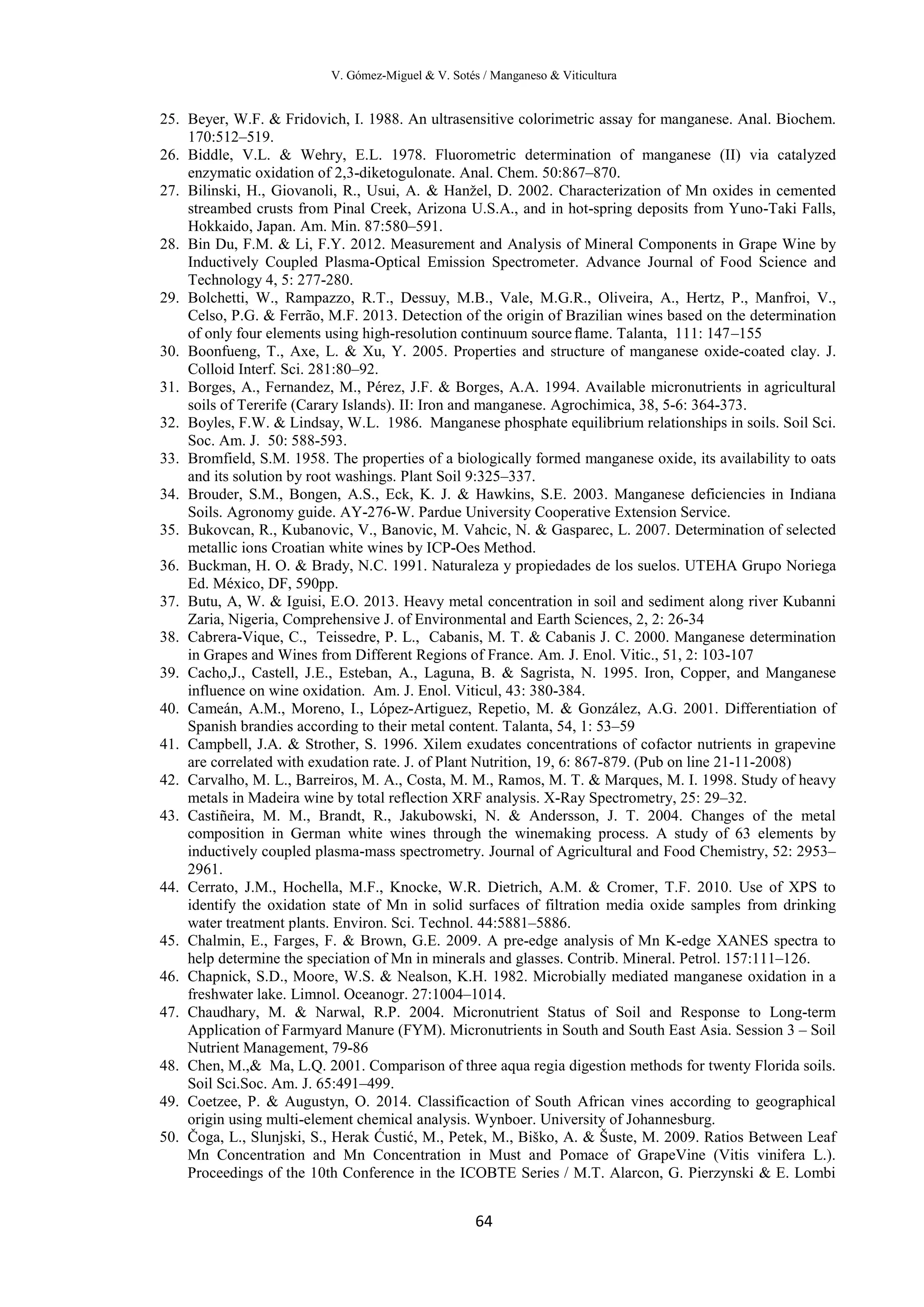 V. Gómez-Miguel & V. Sotés / Manganeso & Viticultura
64
25. Beyer, W.F. & Fridovich, I. 1988. An ultrasensitive colorimetric assay for manganese. Anal. Biochem.
170:512–519.
26. Biddle, V.L. & Wehry, E.L. 1978. Fluorometric determination of manganese (II) via catalyzed
enzymatic oxidation of 2,3-diketogulonate. Anal. Chem. 50:867–870.
27. Bilinski, H., Giovanoli, R., Usui, A. & Hanžel, D. 2002. Characterization of Mn oxides in cemented
streambed crusts from Pinal Creek, Arizona U.S.A., and in hot-spring deposits from Yuno-Taki Falls,
Hokkaido, Japan. Am. Min. 87:580–591.
28. Bin Du, F.M. & Li, F.Y. 2012. Measurement and Analysis of Mineral Components in Grape Wine by
Inductively Coupled Plasma-Optical Emission Spectrometer. Advance Journal of Food Science and
Technology 4, 5: 277-280.
29. Bolchetti, W., Rampazzo, R.T., Dessuy, M.B., Vale, M.G.R., Oliveira, A., Hertz, P., Manfroi, V.,
Celso, P.G. & Ferrão, M.F. 2013. Detection of the origin of Brazilian wines based on the determination
of only four elements using high-resolution continuum source ﬂame. Talanta, 111: 147–155
30. Boonfueng, T., Axe, L. & Xu, Y. 2005. Properties and structure of manganese oxide-coated clay. J.
Colloid Interf. Sci. 281:80–92.
31. Borges, A., Fernandez, M., Pérez, J.F. & Borges, A.A. 1994. Available micronutrients in agricultural
soils of Tererife (Carary Islands). II: Iron and manganese. Agrochimica, 38, 5-6: 364-373.
32. Boyles, F.W. & Lindsay, W.L. 1986. Manganese phosphate equilibrium relationships in soils. Soil Sci.
Soc. Am. J. 50: 588-593.
33. Bromfield, S.M. 1958. The properties of a biologically formed manganese oxide, its availability to oats
and its solution by root washings. Plant Soil 9:325–337.
34. Brouder, S.M., Bongen, A.S., Eck, K. J. & Hawkins, S.E. 2003. Manganese deficiencies in Indiana
Soils. Agronomy guide. AY-276-W. Pardue University Cooperative Extension Service.
35. Bukovcan, R., Kubanovic, V., Banovic, M. Vahcic, N. & Gasparec, L. 2007. Determination of selected
metallic ions Croatian white wines by ICP-Oes Method.
36. Buckman, H. O. & Brady, N.C. 1991. Naturaleza y propiedades de los suelos. UTEHA Grupo Noriega
Ed. México, DF, 590pp.
37. Butu, A, W. & Iguisi, E.O. 2013. Heavy metal concentration in soil and sediment along river Kubanni
Zaria, Nigeria, Comprehensive J. of Environmental and Earth Sciences, 2, 2: 26-34
38. Cabrera-Vique, C., Teissedre, P. L., Cabanis, M. T. & Cabanis J. C. 2000. Manganese determination
in Grapes and Wines from Different Regions of France. Am. J. Enol. Vitic., 51, 2: 103-107
39. Cacho,J., Castell, J.E., Esteban, A., Laguna, B. & Sagrista, N. 1995. Iron, Copper, and Manganese
influence on wine oxidation. Am. J. Enol. Viticul, 43: 380-384.
40. Cameán, A.M., Moreno, I., López-Artiguez, Repetio, M. & González, A.G. 2001. Differentiation of
Spanish brandies according to their metal content. Talanta, 54, 1: 53–59
41. Campbell, J.A. & Strother, S. 1996. Xilem exudates concentrations of cofactor nutrients in grapevine
are correlated with exudation rate. J. of Plant Nutrition, 19, 6: 867-879. (Pub on line 21-11-2008)
42. Carvalho, M. L., Barreiros, M. A., Costa, M. M., Ramos, M. T. & Marques, M. I. 1998. Study of heavy
metals in Madeira wine by total reflection XRF analysis. X-Ray Spectrometry, 25: 29–32.
43. Castiñeira, M. M., Brandt, R., Jakubowski, N. & Andersson, J. T. 2004. Changes of the metal
composition in German white wines through the winemaking process. A study of 63 elements by
inductively coupled plasma-mass spectrometry. Journal of Agricultural and Food Chemistry, 52: 2953–
2961.
44. Cerrato, J.M., Hochella, M.F., Knocke, W.R. Dietrich, A.M. & Cromer, T.F. 2010. Use of XPS to
identify the oxidation state of Mn in solid surfaces of filtration media oxide samples from drinking
water treatment plants. Environ. Sci. Technol. 44:5881–5886.
45. Chalmin, E., Farges, F. & Brown, G.E. 2009. A pre-edge analysis of Mn K-edge XANES spectra to
help determine the speciation of Mn in minerals and glasses. Contrib. Mineral. Petrol. 157:111–126.
46. Chapnick, S.D., Moore, W.S. & Nealson, K.H. 1982. Microbially mediated manganese oxidation in a
freshwater lake. Limnol. Oceanogr. 27:1004–1014.
47. Chaudhary, M. & Narwal, R.P. 2004. Micronutrient Status of Soil and Response to Long-term
Application of Farmyard Manure (FYM). Micronutrients in South and South East Asia. Session 3 – Soil
Nutrient Management, 79-86
48. Chen, M.,& Ma, L.Q. 2001. Comparison of three aqua regia digestion methods for twenty Florida soils.
Soil Sci.Soc. Am. J. 65:491–499.
49. Coetzee, P. & Augustyn, O. 2014. Classificaction of South African vines according to geographical
origin using multi-element chemical analysis. Wynboer. University of Johannesburg.
50. Čoga, L., Slunjski, S., Herak Ćustić, M., Petek, M., Biško, A. & Šuste, M. 2009. Ratios Between Leaf
Mn Concentration and Mn Concentration in Must and Pomace of GrapeVine (Vitis vinifera L.).
Proceedings of the 10th Conference in the ICOBTE Series / M.T. Alarcon, G. Pierzynski & E. Lombi
 