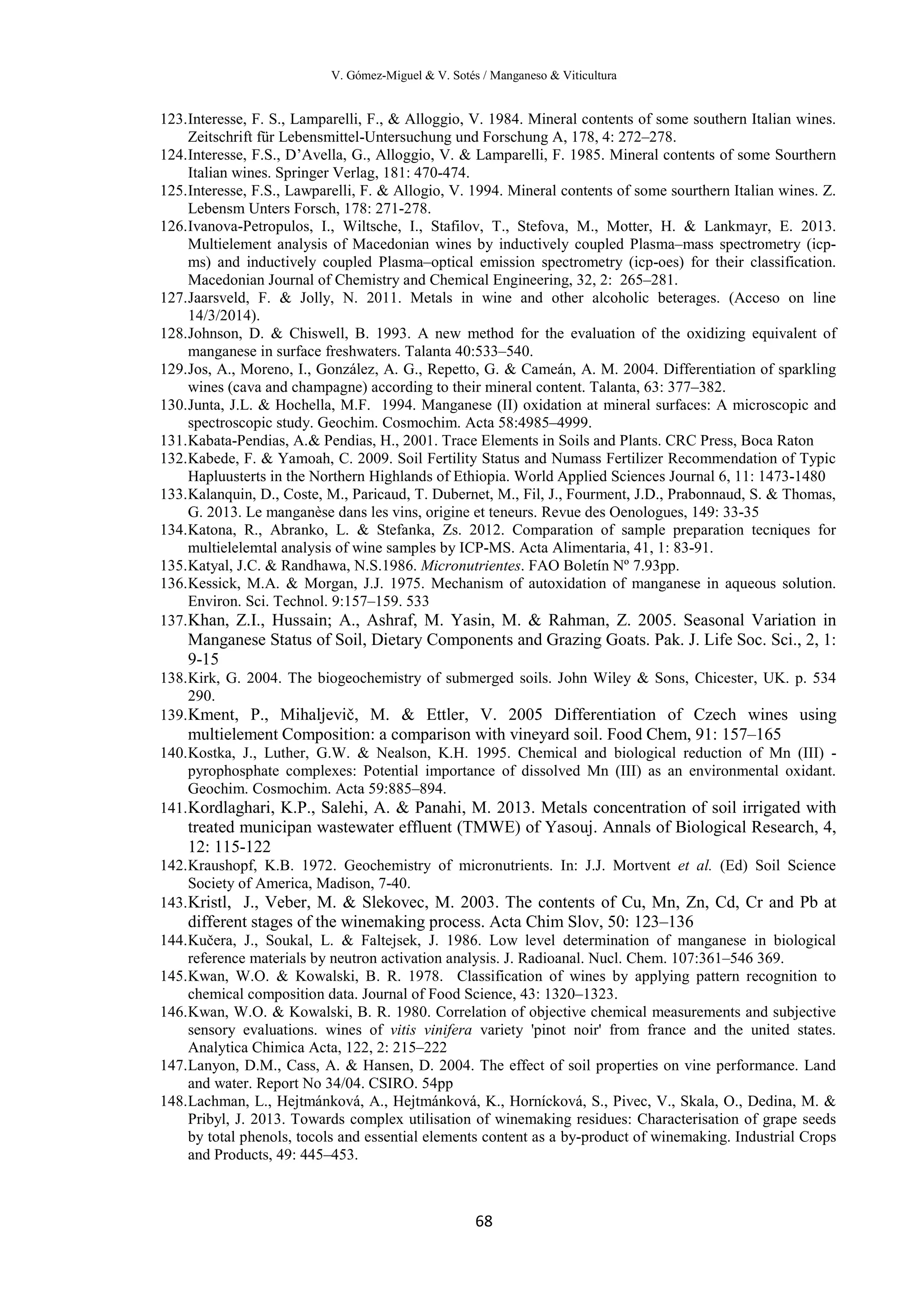 V. Gómez-Miguel & V. Sotés / Manganeso & Viticultura
68
123.Interesse, F. S., Lamparelli, F., & Alloggio, V. 1984. Mineral contents of some southern Italian wines.
Zeitschrift für Lebensmittel-Untersuchung und Forschung A, 178, 4: 272–278.
124.Interesse, F.S., D’Avella, G., Alloggio, V. & Lamparelli, F. 1985. Mineral contents of some Sourthern
Italian wines. Springer Verlag, 181: 470-474.
125.Interesse, F.S., Lawparelli, F. & Allogio, V. 1994. Mineral contents of some sourthern Italian wines. Z.
Lebensm Unters Forsch, 178: 271-278.
126.Ivanova-Petropulos, I., Wiltsche, I., Stafilov, T., Stefova, M., Motter, H. & Lankmayr, E. 2013.
Multielement analysis of Macedonian wines by inductively coupled Plasma–mass spectrometry (icp-
ms) and inductively coupled Plasma–optical emission spectrometry (icp-oes) for their classification.
Macedonian Journal of Chemistry and Chemical Engineering, 32, 2: 265–281.
127.Jaarsveld, F. & Jolly, N. 2011. Metals in wine and other alcoholic beterages. (Acceso on line
14/3/2014).
128.Johnson, D. & Chiswell, B. 1993. A new method for the evaluation of the oxidizing equivalent of
manganese in surface freshwaters. Talanta 40:533–540.
129.Jos, A., Moreno, I., González, A. G., Repetto, G. & Cameán, A. M. 2004. Differentiation of sparkling
wines (cava and champagne) according to their mineral content. Talanta, 63: 377–382.
130.Junta, J.L. & Hochella, M.F. 1994. Manganese (II) oxidation at mineral surfaces: A microscopic and
spectroscopic study. Geochim. Cosmochim. Acta 58:4985–4999.
131.Kabata-Pendias, A.& Pendias, H., 2001. Trace Elements in Soils and Plants. CRC Press, Boca Raton
132.Kabede, F. & Yamoah, C. 2009. Soil Fertility Status and Numass Fertilizer Recommendation of Typic
Hapluusterts in the Northern Highlands of Ethiopia. World Applied Sciences Journal 6, 11: 1473-1480
133.Kalanquin, D., Coste, M., Paricaud, T. Dubernet, M., Fil, J., Fourment, J.D., Prabonnaud, S. & Thomas,
G. 2013. Le manganèse dans les vins, origine et teneurs. Revue des Oenologues, 149: 33-35
134.Katona, R., Abranko, L. & Stefanka, Zs. 2012. Comparation of sample preparation tecniques for
multielelemtal analysis of wine samples by ICP-MS. Acta Alimentaria, 41, 1: 83-91.
135.Katyal, J.C. & Randhawa, N.S.1986. Micronutrientes. FAO Boletín Nº 7.93pp.
136.Kessick, M.A. & Morgan, J.J. 1975. Mechanism of autoxidation of manganese in aqueous solution.
Environ. Sci. Technol. 9:157–159. 533
137.Khan, Z.I., Hussain; A., Ashraf, M. Yasin, M. & Rahman, Z. 2005. Seasonal Variation in
Manganese Status of Soil, Dietary Components and Grazing Goats. Pak. J. Life Soc. Sci., 2, 1:
9-15
138.Kirk, G. 2004. The biogeochemistry of submerged soils. John Wiley & Sons, Chicester, UK. p. 534
290.
139.Kment, P., Mihaljevič, M. & Ettler, V. 2005 Differentiation of Czech wines using
multielement Composition: a comparison with vineyard soil. Food Chem, 91: 157–165
140.Kostka, J., Luther, G.W. & Nealson, K.H. 1995. Chemical and biological reduction of Mn (III) -
pyrophosphate complexes: Potential importance of dissolved Mn (III) as an environmental oxidant.
Geochim. Cosmochim. Acta 59:885–894.
141.Kordlaghari, K.P., Salehi, A. & Panahi, M. 2013. Metals concentration of soil irrigated with
treated municipan wastewater effluent (TMWE) of Yasouj. Annals of Biological Research, 4,
12: 115-122
142.Kraushopf, K.B. 1972. Geochemistry of micronutrients. In: J.J. Mortvent et al. (Ed) Soil Science
Society of America, Madison, 7-40.
143.Kristl, J., Veber, M. & Slekovec, M. 2003. The contents of Cu, Mn, Zn, Cd, Cr and Pb at
different stages of the winemaking process. Acta Chim Slov, 50: 123–136
144.Kučera, J., Soukal, L. & Faltejsek, J. 1986. Low level determination of manganese in biological
reference materials by neutron activation analysis. J. Radioanal. Nucl. Chem. 107:361–546 369.
145.Kwan, W.O. & Kowalski, B. R. 1978. Classification of wines by applying pattern recognition to
chemical composition data. Journal of Food Science, 43: 1320–1323.
146.Kwan, W.O. & Kowalski, B. R. 1980. Correlation of objective chemical measurements and subjective
sensory evaluations. wines of vitis vinifera variety 'pinot noir' from france and the united states.
Analytica Chimica Acta, 122, 2: 215–222
147.Lanyon, D.M., Cass, A. & Hansen, D. 2004. The effect of soil properties on vine performance. Land
and water. Report No 34/04. CSIRO. 54pp
148.Lachman, L., Hejtmánková, A., Hejtmánková, K., Hornícková, S., Pivec, V., Skala, O., Dedina, M. &
Pribyl, J. 2013. Towards complex utilisation of winemaking residues: Characterisation of grape seeds
by total phenols, tocols and essential elements content as a by-product of winemaking. Industrial Crops
and Products, 49: 445–453.
 