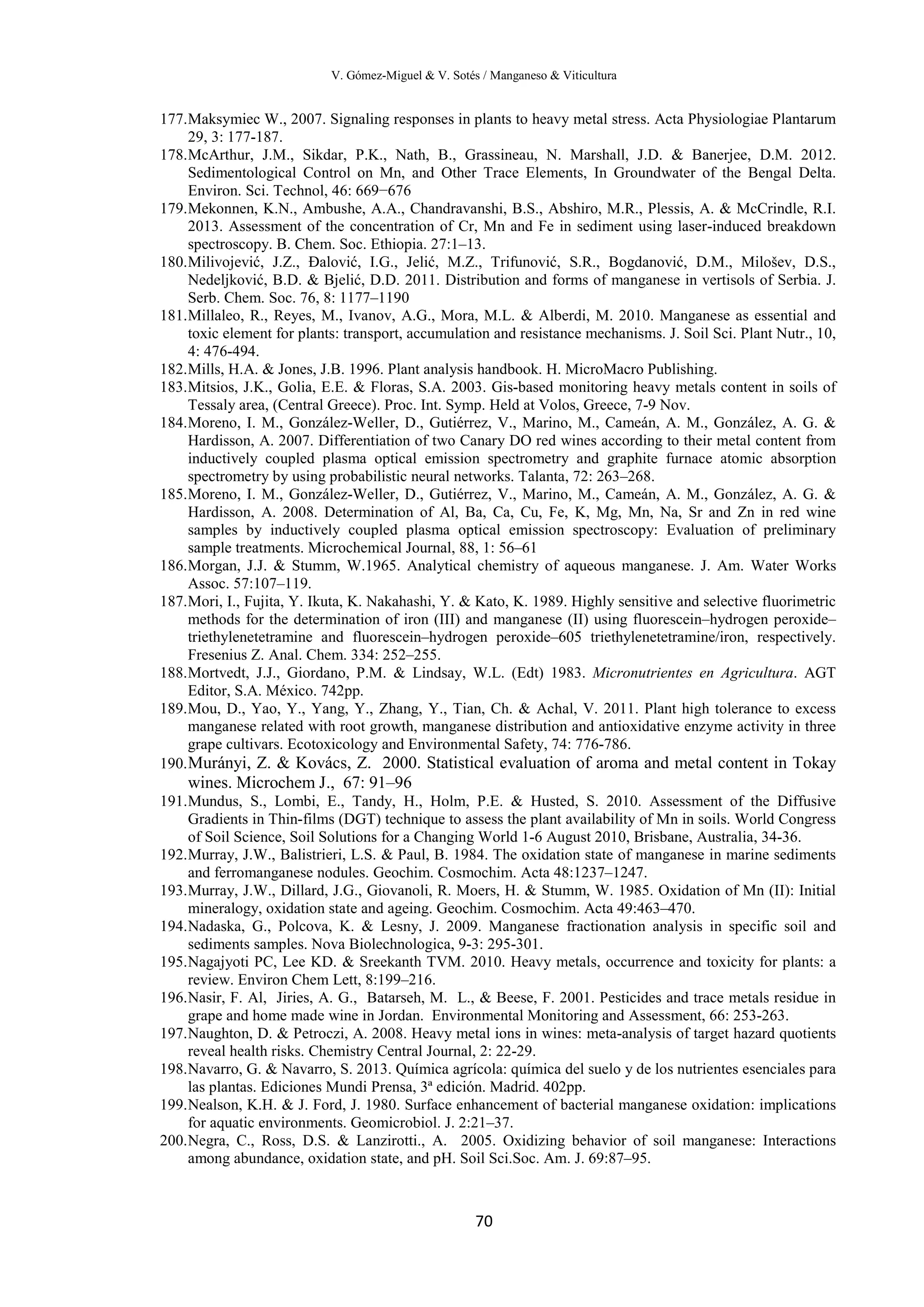 V. Gómez-Miguel & V. Sotés / Manganeso & Viticultura
70
177.Maksymiec W., 2007. Signaling responses in plants to heavy metal stress. Acta Physiologiae Plantarum
29, 3: 177-187.
178.McArthur, J.M., Sikdar, P.K., Nath, B., Grassineau, N. Marshall, J.D. & Banerjee, D.M. 2012.
Sedimentological Control on Mn, and Other Trace Elements, In Groundwater of the Bengal Delta.
Environ. Sci. Technol, 46: 669−676
179.Mekonnen, K.N., Ambushe, A.A., Chandravanshi, B.S., Abshiro, M.R., Plessis, A. & McCrindle, R.I.
2013. Assessment of the concentration of Cr, Mn and Fe in sediment using laser-induced breakdown
spectroscopy. B. Chem. Soc. Ethiopia. 27:1–13.
180.Milivojević, J.Z., Đalović, I.G., Jelić, M.Z., Trifunović, S.R., Bogdanović, D.M., Milošev, D.S.,
Nedeljković, B.D. & Bjelić, D.D. 2011. Distribution and forms of manganese in vertisols of Serbia. J.
Serb. Chem. Soc. 76, 8: 1177–1190
181.Millaleo, R., Reyes, M., Ivanov, A.G., Mora, M.L. & Alberdi, M. 2010. Manganese as essential and
toxic element for plants: transport, accumulation and resistance mechanisms. J. Soil Sci. Plant Nutr., 10,
4: 476-494.
182.Mills, H.A. & Jones, J.B. 1996. Plant analysis handbook. H. MicroMacro Publishing.
183.Mitsios, J.K., Golia, E.E. & Floras, S.A. 2003. Gis-based monitoring heavy metals content in soils of
Tessaly area, (Central Greece). Proc. Int. Symp. Held at Volos, Greece, 7-9 Nov.
184.Moreno, I. M., González-Weller, D., Gutiérrez, V., Marino, M., Cameán, A. M., González, A. G. &
Hardisson, A. 2007. Differentiation of two Canary DO red wines according to their metal content from
inductively coupled plasma optical emission spectrometry and graphite furnace atomic absorption
spectrometry by using probabilistic neural networks. Talanta, 72: 263–268.
185.Moreno, I. M., González-Weller, D., Gutiérrez, V., Marino, M., Cameán, A. M., González, A. G. &
Hardisson, A. 2008. Determination of Al, Ba, Ca, Cu, Fe, K, Mg, Mn, Na, Sr and Zn in red wine
samples by inductively coupled plasma optical emission spectroscopy: Evaluation of preliminary
sample treatments. Microchemical Journal, 88, 1: 56–61
186.Morgan, J.J. & Stumm, W.1965. Analytical chemistry of aqueous manganese. J. Am. Water Works
Assoc. 57:107–119.
187.Mori, I., Fujita, Y. Ikuta, K. Nakahashi, Y. & Kato, K. 1989. Highly sensitive and selective fluorimetric
methods for the determination of iron (III) and manganese (II) using fluorescein–hydrogen peroxide–
triethylenetetramine and fluorescein–hydrogen peroxide–605 triethylenetetramine/iron, respectively.
Fresenius Z. Anal. Chem. 334: 252–255.
188.Mortvedt, J.J., Giordano, P.M. & Lindsay, W.L. (Edt) 1983. Micronutrientes en Agricultura. AGT
Editor, S.A. México. 742pp.
189.Mou, D., Yao, Y., Yang, Y., Zhang, Y., Tian, Ch. & Achal, V. 2011. Plant high tolerance to excess
manganese related with root growth, manganese distribution and antioxidative enzyme activity in three
grape cultivars. Ecotoxicology and Environmental Safety, 74: 776-786.
190.Murányi, Z. & Kovács, Z. 2000. Statistical evaluation of aroma and metal content in Tokay
wines. Microchem J., 67: 91–96
191.Mundus, S., Lombi, E., Tandy, H., Holm, P.E. & Husted, S. 2010. Assessment of the Diffusive
Gradients in Thin-films (DGT) technique to assess the plant availability of Mn in soils. World Congress
of Soil Science, Soil Solutions for a Changing World 1-6 August 2010, Brisbane, Australia, 34-36.
192.Murray, J.W., Balistrieri, L.S. & Paul, B. 1984. The oxidation state of manganese in marine sediments
and ferromanganese nodules. Geochim. Cosmochim. Acta 48:1237–1247.
193.Murray, J.W., Dillard, J.G., Giovanoli, R. Moers, H. & Stumm, W. 1985. Oxidation of Mn (II): Initial
mineralogy, oxidation state and ageing. Geochim. Cosmochim. Acta 49:463–470.
194.Nadaska, G., Polcova, K. & Lesny, J. 2009. Manganese fractionation analysis in specific soil and
sediments samples. Nova Biolechnologica, 9-3: 295-301.
195.Nagajyoti PC, Lee KD. & Sreekanth TVM. 2010. Heavy metals, occurrence and toxicity for plants: a
review. Environ Chem Lett, 8:199–216.
196.Nasir, F. Al, Jiries, A. G., Batarseh, M. L., & Beese, F. 2001. Pesticides and trace metals residue in
grape and home made wine in Jordan. Environmental Monitoring and Assessment, 66: 253-263.
197.Naughton, D. & Petroczi, A. 2008. Heavy metal ions in wines: meta-analysis of target hazard quotients
reveal health risks. Chemistry Central Journal, 2: 22-29.
198.Navarro, G. & Navarro, S. 2013. Química agrícola: química del suelo y de los nutrientes esenciales para
las plantas. Ediciones Mundi Prensa, 3ª edición. Madrid. 402pp.
199.Nealson, K.H. & J. Ford, J. 1980. Surface enhancement of bacterial manganese oxidation: implications
for aquatic environments. Geomicrobiol. J. 2:21–37.
200.Negra, C., Ross, D.S. & Lanzirotti., A. 2005. Oxidizing behavior of soil manganese: Interactions
among abundance, oxidation state, and pH. Soil Sci.Soc. Am. J. 69:87–95.
 