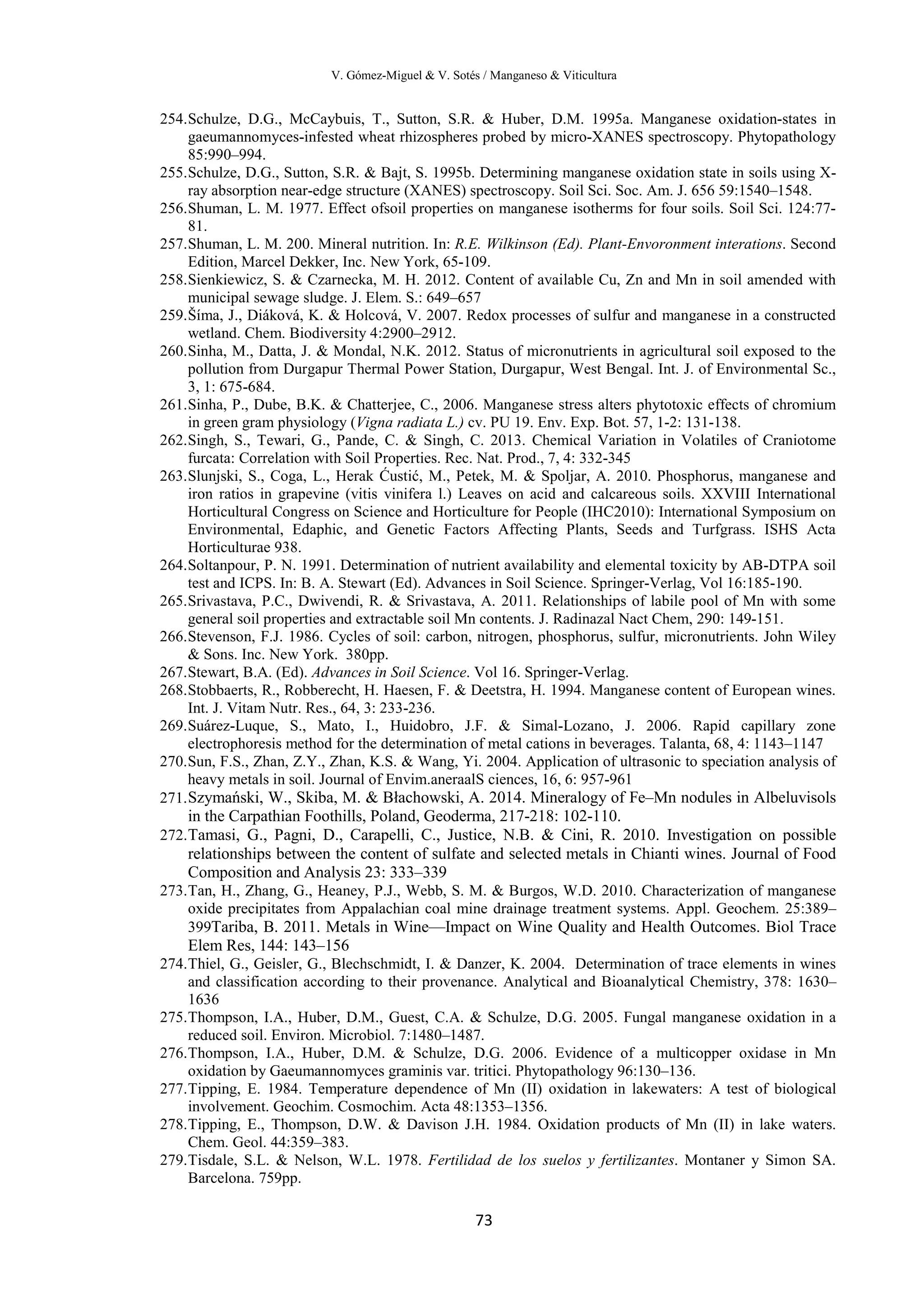 V. Gómez-Miguel & V. Sotés / Manganeso & Viticultura
73
254.Schulze, D.G., McCaybuis, T., Sutton, S.R. & Huber, D.M. 1995a. Manganese oxidation-states in
gaeumannomyces-infested wheat rhizospheres probed by micro-XANES spectroscopy. Phytopathology
85:990–994.
255.Schulze, D.G., Sutton, S.R. & Bajt, S. 1995b. Determining manganese oxidation state in soils using X-
ray absorption near-edge structure (XANES) spectroscopy. Soil Sci. Soc. Am. J. 656 59:1540–1548.
256.Shuman, L. M. 1977. Effect ofsoil properties on manganese isotherms for four soils. Soil Sci. 124:77-
81.
257.Shuman, L. M. 200. Mineral nutrition. In: R.E. Wilkinson (Ed). Plant-Envoronment interations. Second
Edition, Marcel Dekker, Inc. New York, 65-109.
258.Sienkiewicz, S. & Czarnecka, M. H. 2012. Content of available Cu, Zn and Mn in soil amended with
municipal sewage sludge. J. Elem. S.: 649–657
259.Šíma, J., Diáková, K. & Holcová, V. 2007. Redox processes of sulfur and manganese in a constructed
wetland. Chem. Biodiversity 4:2900–2912.
260.Sinha, M., Datta, J. & Mondal, N.K. 2012. Status of micronutrients in agricultural soil exposed to the
pollution from Durgapur Thermal Power Station, Durgapur, West Bengal. Int. J. of Environmental Sc.,
3, 1: 675-684.
261.Sinha, P., Dube, B.K. & Chatterjee, C., 2006. Manganese stress alters phytotoxic effects of chromium
in green gram physiology (Vigna radiata L.) cv. PU 19. Env. Exp. Bot. 57, 1-2: 131-138.
262.Singh, S., Tewari, G., Pande, C. & Singh, C. 2013. Chemical Variation in Volatiles of Craniotome
furcata: Correlation with Soil Properties. Rec. Nat. Prod., 7, 4: 332-345
263.Slunjski, S., Coga, L., Herak Ćustić, M., Petek, M. & Spoljar, A. 2010. Phosphorus, manganese and
iron ratios in grapevine (vitis vinifera l.) Leaves on acid and calcareous soils. XXVIII International
Horticultural Congress on Science and Horticulture for People (IHC2010): International Symposium on
Environmental, Edaphic, and Genetic Factors Affecting Plants, Seeds and Turfgrass. ISHS Acta
Horticulturae 938.
264.Soltanpour, P. N. 1991. Determination of nutrient availability and elemental toxicity by AB-DTPA soil
test and ICPS. In: B. A. Stewart (Ed). Advances in Soil Science. Springer-Verlag, Vol 16:185-190.
265.Srivastava, P.C., Dwivendi, R. & Srivastava, A. 2011. Relationships of labile pool of Mn with some
general soil properties and extractable soil Mn contents. J. Radinazal Nact Chem, 290: 149-151.
266.Stevenson, F.J. 1986. Cycles of soil: carbon, nitrogen, phosphorus, sulfur, micronutrients. John Wiley
& Sons. Inc. New York. 380pp.
267.Stewart, B.A. (Ed). Advances in Soil Science. Vol 16. Springer-Verlag.
268.Stobbaerts, R., Robberecht, H. Haesen, F. & Deetstra, H. 1994. Manganese content of European wines.
Int. J. Vitam Nutr. Res., 64, 3: 233-236.
269.Suárez-Luque, S., Mato, I., Huidobro, J.F. & Simal-Lozano, J. 2006. Rapid capillary zone
electrophoresis method for the determination of metal cations in beverages. Talanta, 68, 4: 1143–1147
270.Sun, F.S., Zhan, Z.Y., Zhan, K.S. & Wang, Yi. 2004. Application of ultrasonic to speciation analysis of
heavy metals in soil. Journal of Envim.aneraalS ciences, 16, 6: 957-961
271.Szymański, W., Skiba, M. & Błachowski, A. 2014. Mineralogy of Fe–Mn nodules in Albeluvisols
in the Carpathian Foothills, Poland, Geoderma, 217-218: 102-110.
272.Tamasi, G., Pagni, D., Carapelli, C., Justice, N.B. & Cini, R. 2010. Investigation on possible
relationships between the content of sulfate and selected metals in Chianti wines. Journal of Food
Composition and Analysis 23: 333–339
273.Tan, H., Zhang, G., Heaney, P.J., Webb, S. M. & Burgos, W.D. 2010. Characterization of manganese
oxide precipitates from Appalachian coal mine drainage treatment systems. Appl. Geochem. 25:389–
399Tariba, B. 2011. Metals in Wine—Impact on Wine Quality and Health Outcomes. Biol Trace
Elem Res, 144: 143–156
274.Thiel, G., Geisler, G., Blechschmidt, I. & Danzer, K. 2004. Determination of trace elements in wines
and classification according to their provenance. Analytical and Bioanalytical Chemistry, 378: 1630–
1636
275.Thompson, I.A., Huber, D.M., Guest, C.A. & Schulze, D.G. 2005. Fungal manganese oxidation in a
reduced soil. Environ. Microbiol. 7:1480–1487.
276.Thompson, I.A., Huber, D.M. & Schulze, D.G. 2006. Evidence of a multicopper oxidase in Mn
oxidation by Gaeumannomyces graminis var. tritici. Phytopathology 96:130–136.
277.Tipping, E. 1984. Temperature dependence of Mn (II) oxidation in lakewaters: A test of biological
involvement. Geochim. Cosmochim. Acta 48:1353–1356.
278.Tipping, E., Thompson, D.W. & Davison J.H. 1984. Oxidation products of Mn (II) in lake waters.
Chem. Geol. 44:359–383.
279.Tisdale, S.L. & Nelson, W.L. 1978. Fertilidad de los suelos y fertilizantes. Montaner y Simon SA.
Barcelona. 759pp.
 