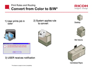 Printing Rules - Benefits
• Greater Cost Control
• End User Behavior Modification
• Implement Print Strategies in line with Corporate
Objectives (reduce waste, green strategies)
• Control color and application-specific printing (Email,
Internet, etc)
• Helps make Help Desk life easier
 