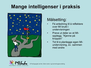 Mange intelligenser i praksis Målsetting: Få anledning til å reflektere over MI brukt i undervisningen Prøve ut deler av et MI-opplegg. ”Kjenne på kroppen” Tid til å planlegge egen MI-undervisning, ev. sammen med andre 